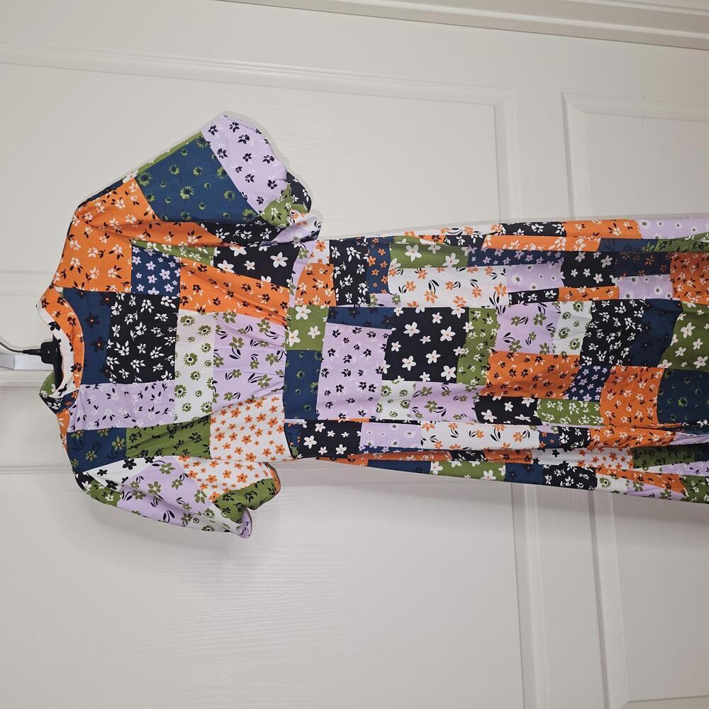 Patchwork Pattern Midi Dress With Puff Sleeves - image 1